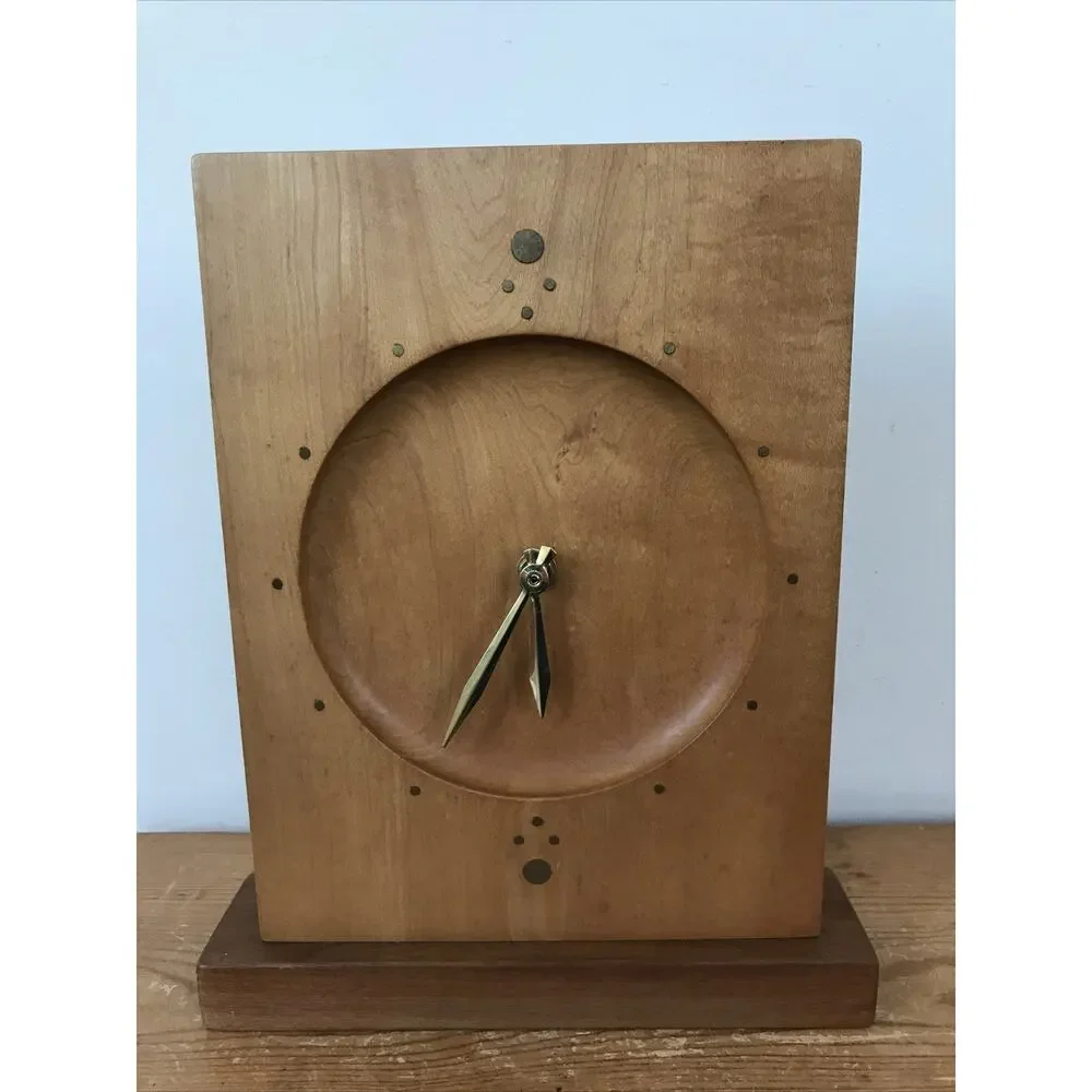 Vtg Mid Century Modern Handmade Handcarved Solid Wooden Wood Maple Brass Clock